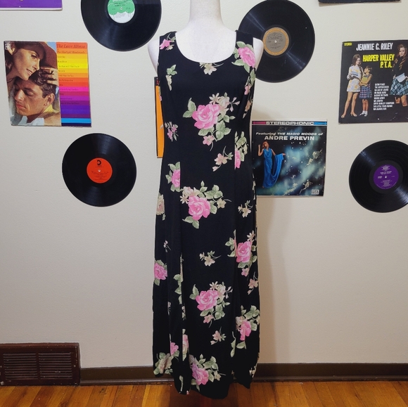 Dress Barn | 90s Vintage Rose A-Line Midi Dress - Picture 1 of 7